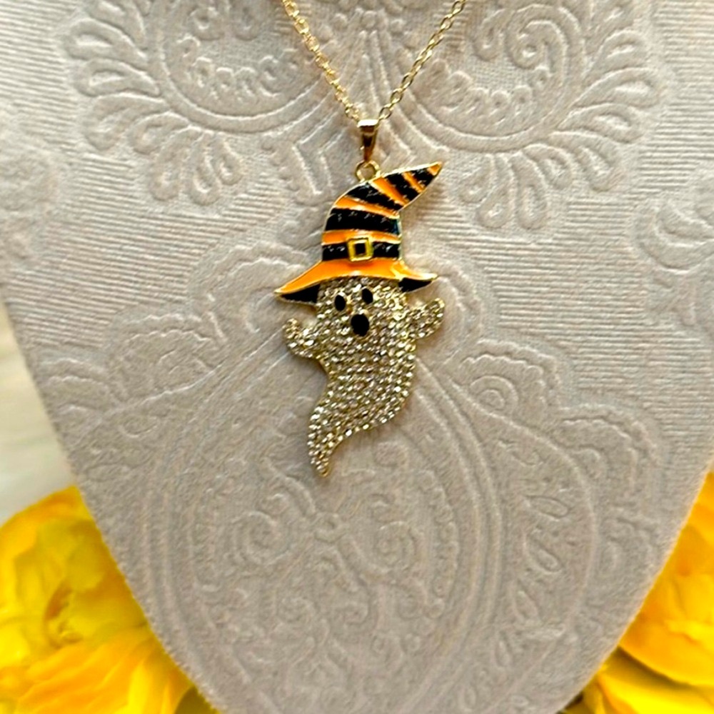 Ghost Witch Halloween Gemstone Pendant Necklace With Gold Chain NEW!